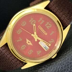 Vintage 1984 Citizen Automatic Mens Gold Watch W/daydate & Red accents